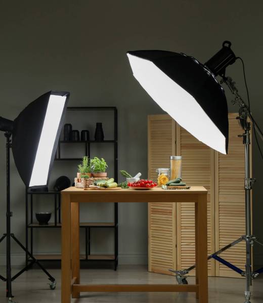 Shooting food in photo studio with professional lighting equipment